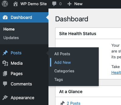 The Posts menu in the WordPress admin is open with Add New selected.